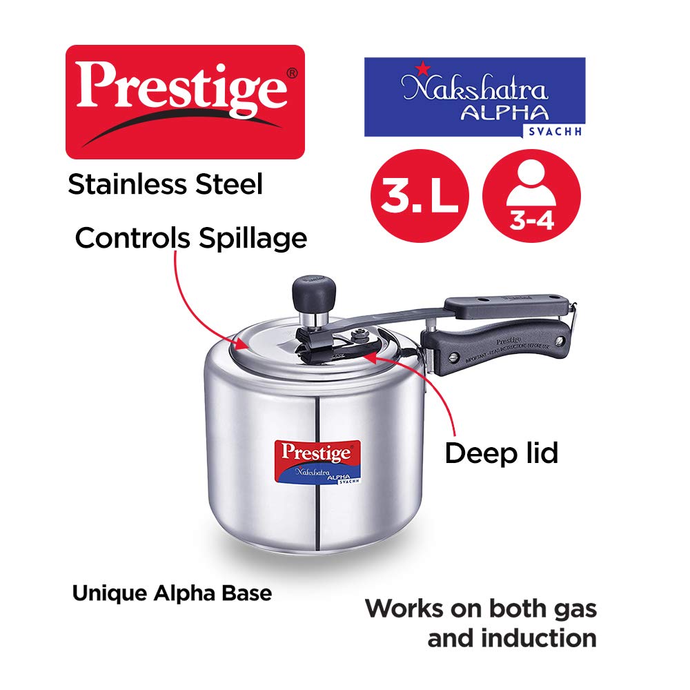 Prestige Nakshatra Alpha Svachh Stainless Steel, 3 Litres, Straight Wall, Spillage Control Pressure Cooker - 20245