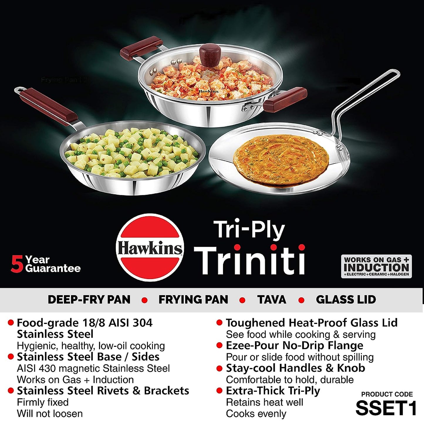 Hawkins Triniti 3 Pieces Triply Stainless Steel Cookware Set (Frying Pan 26cm, Tava 26cm, Deep-Fry Pan with Glass Lid 2.5 Litres) - SSET1