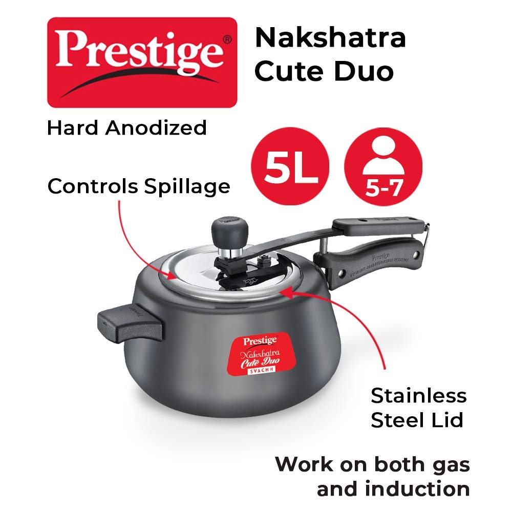 Prestige Nakshatra Cute DUO Svachh Hard Anodised Inner Lid Pressure Cooker, 5 Litres, Black - 20261