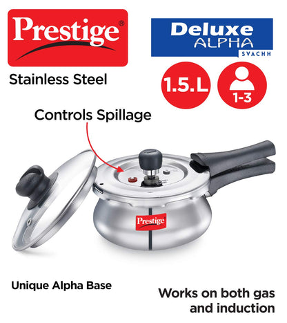 Prestige Deluxe Alpha Svachh Stainless Steel Outer Lid Pressure Cooker 1.5 Litres with Glass Lid (With Deep Lid For Spillage Control) - 20265