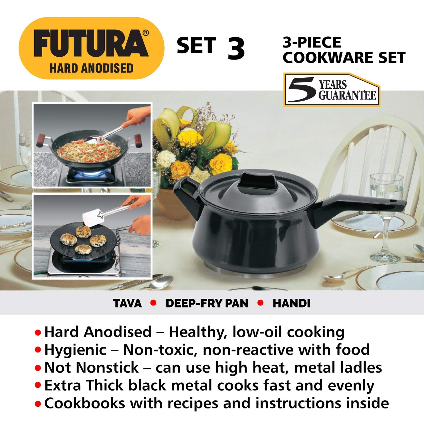 Hawkins Futura 3 Pieces Hard Anodised Cookware Set 3 - 26cm Tava, 3 Litres Handi Sauce Pan With One Hard Anodised Lid and 2.5 Litres Deep Fry Pan With SS Lid - ASET3