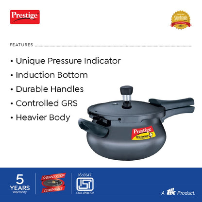 Prestige Deluxe Plus Hard Anodised Aluminium Outer Lid Pressure Cooker Handi, 3 Litres, Black - 20142