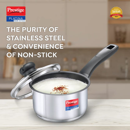 Prestige Platina Non-stick Stainless Steel Unique Impact Forged Bottom Sauce Pan with Glass Lid 180mm - 36228