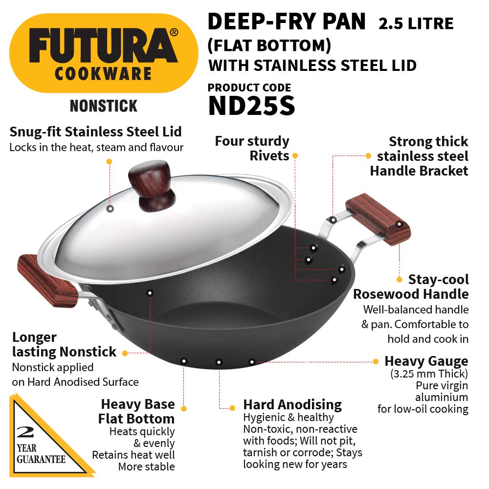 Hawkins Futura Non-stick Flat Bottom Deep Fry Pan With Stainless Steel Lid 2 Litres | 26 cms, 3.25mm - ND 25S