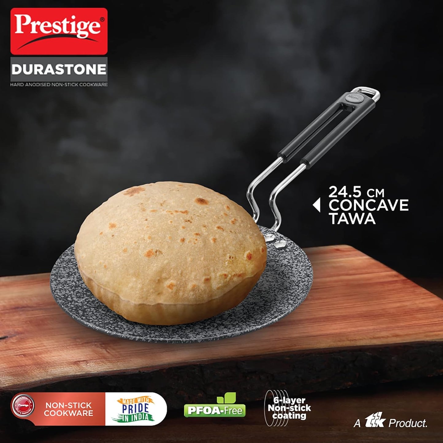 Prestige Durastone Hard Anodised Non-Stick Concave Omni tawa | 6 Layers Extra Durable Stone Coating | Stainless Steel Cool Touch Handle s| Induction Compatible