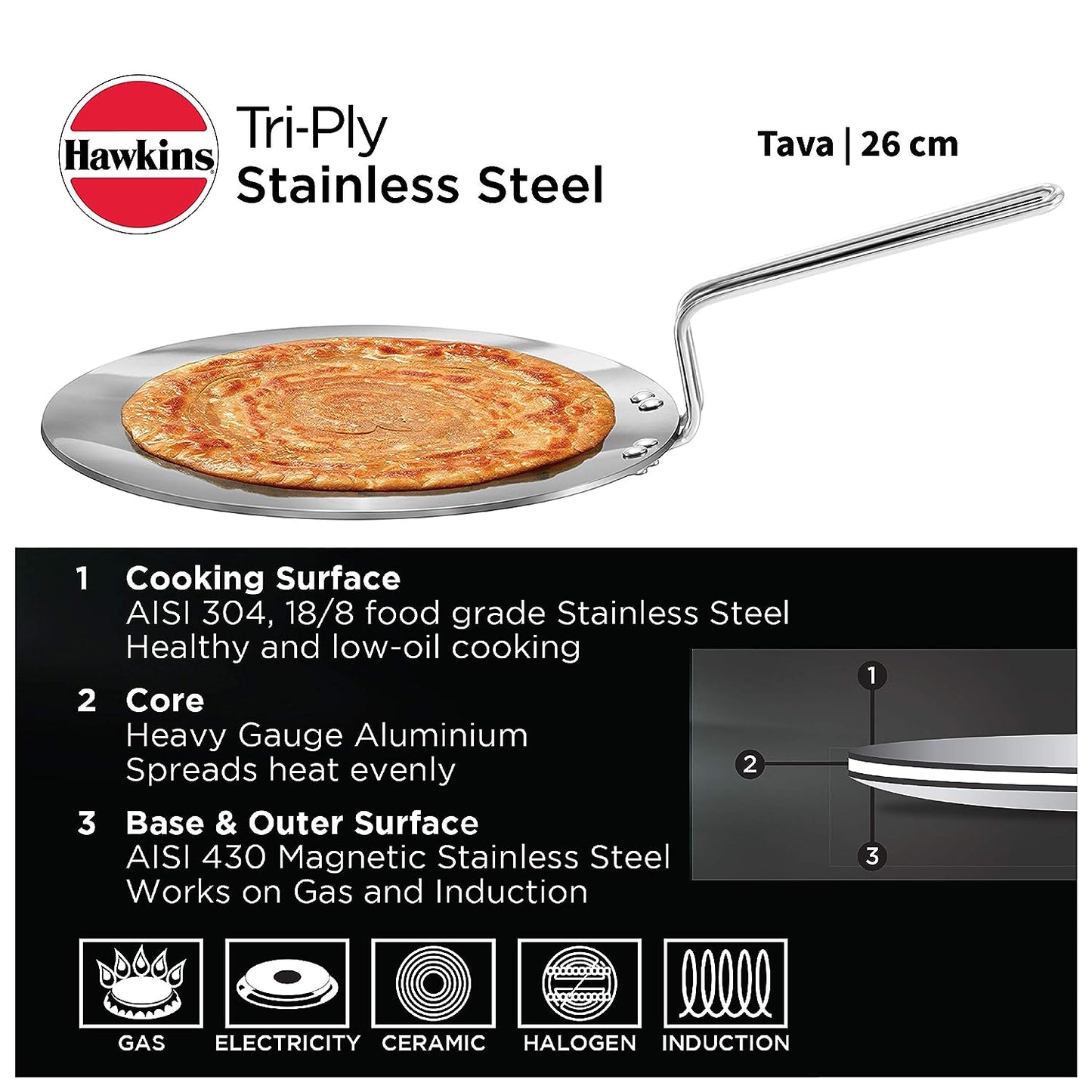 Hawkins Tri-Ply Stainless Steel Tava 26 cm, 3.5mm Induction Compatible - SSTV 26