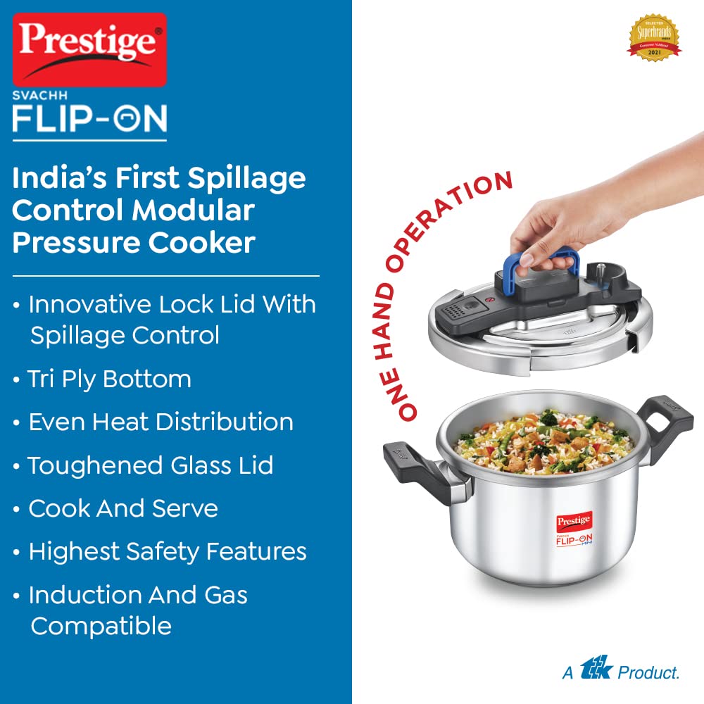 Prestige 5 Litres Svachh FLIP-ON Stainless Steel Tri-ply bottom Pressure Cooker with glass lid | Innovative lock lid with spillage control| Gas & Induction compatible| 5 years warranty - 20157