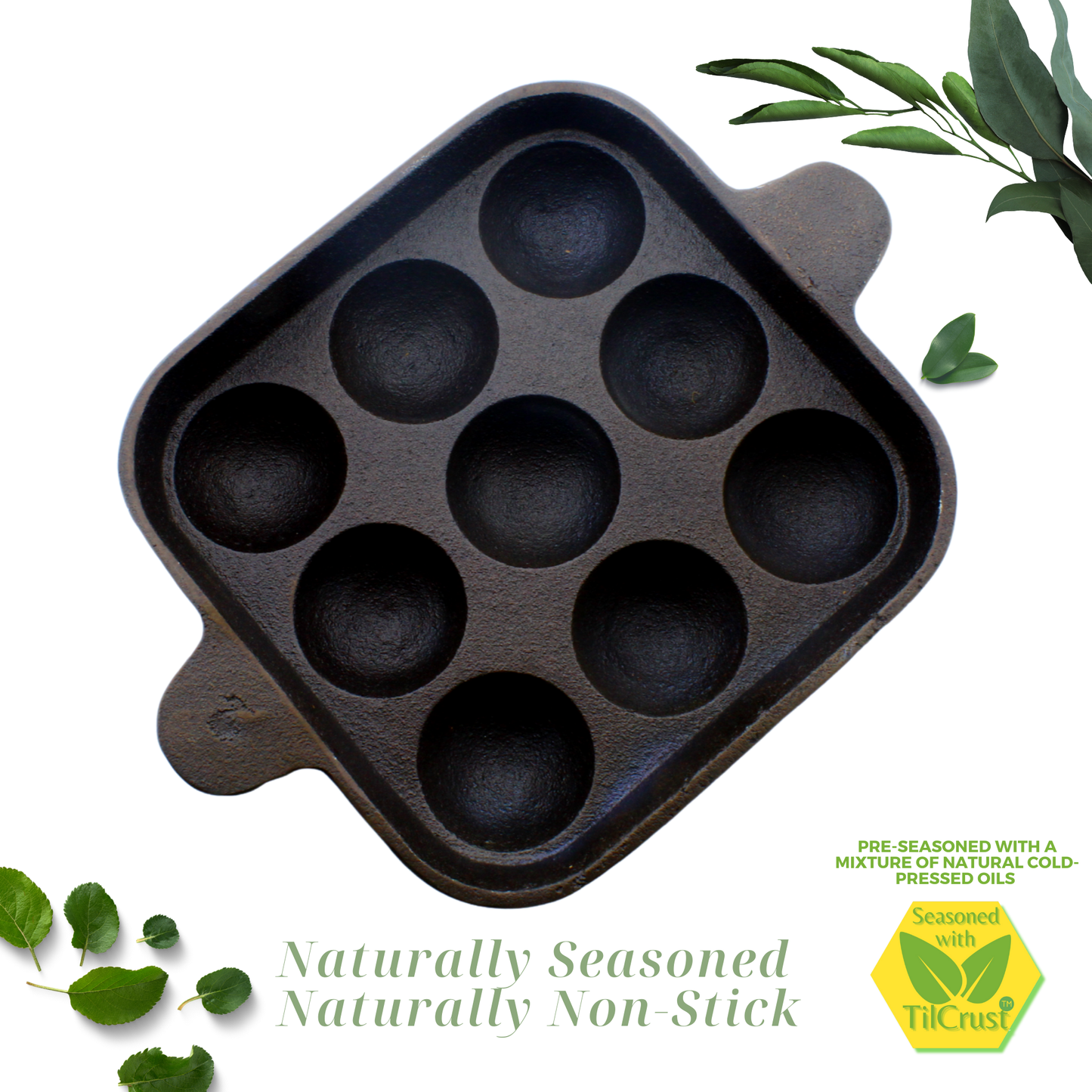 eKitchen ButterMold Cast Iron Paniyarakkal 9 Pits | Paniyaram Pan | Pre-Seasoned | 18cm | 1.36 Kgs | Square