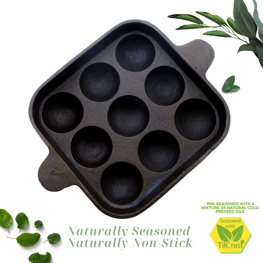 eKitchen ButterMold Cast Iron Paniyarakkal 9 Pits | Paniyaram Pan | Pre-Seasoned | 18cm | 1.36 Kgs | Square