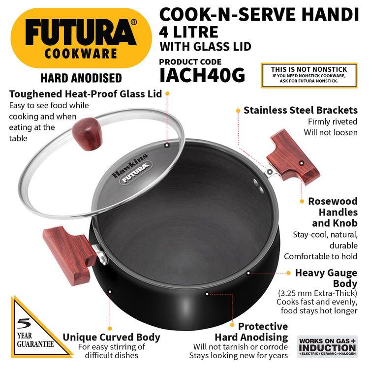 Hawkins Futura Hard Anodised Cook n Serve Handi With Glass Lid 4 Litres | 22cm, 3.25mm, Induction Base - IACH 40G