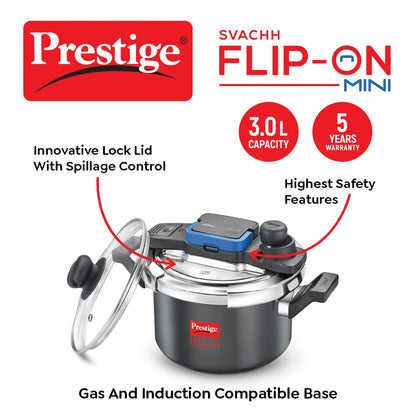 Prestige 3 Litres Svachh FLIP-ON Mini Hard Anodised Pressure Cooker with glass lid | Innovative lock lid with spillage control Induction compatible| 5 years warranty| Black - 20168