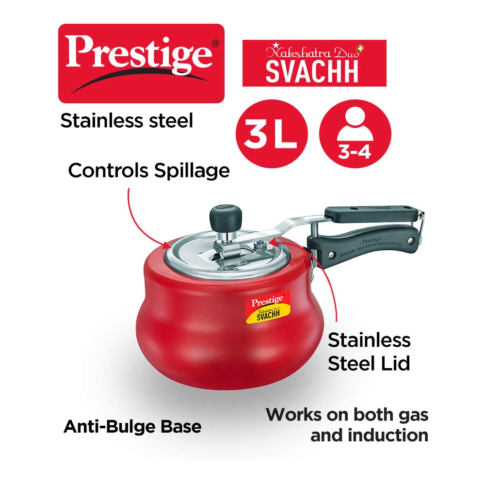 Prestige Svachh 3 Litres Nakshatra Duo Plus Red Handi, with Deep Lid for Spillage Control, Aluminium, Inner Lid - 10752