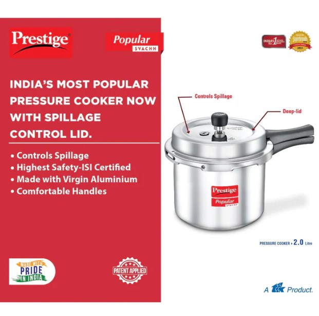 Prestige Popular Svachh Aluminium Outer Lid Pressure Cooker (Tall) 2.0 Litres - 10163