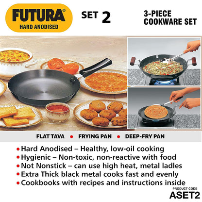 Hawkins Futura 3 Pieces Hard Anodised Cookware Set 2 - 26cm Tava, 25cm Frying Pan and 3.75 Litres Deep Fry Pan - ASET2