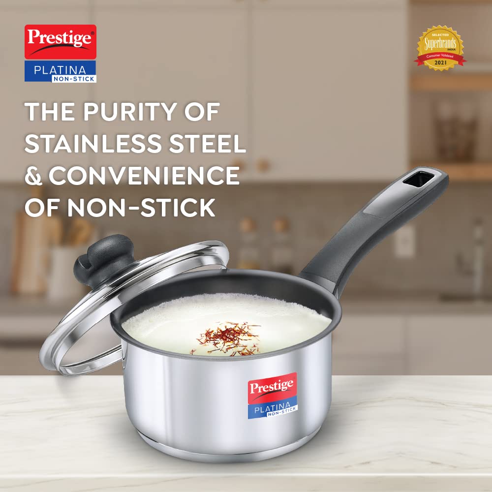 Prestige Platina Non-stick Stainless Steel Unique Impact Forged Bottom Sauce Pan with Glass Lid 140mm - 36226