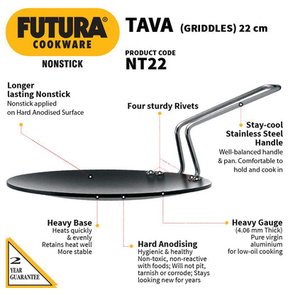 Hawkins Futura Non-stick Tava With Stainless Steel Handle 22cms, 4.06 mm - NT 22