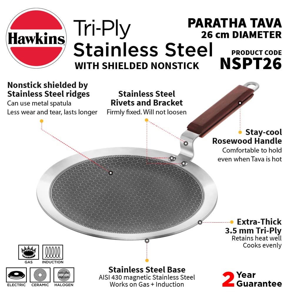 Hawkins Tri-Ply Stainless Steel Shielded Nonstick Honeycomb with Rosewood Handle Paratha Tava 26 cm, 3.5mm Induction Compatible - NSPT 26