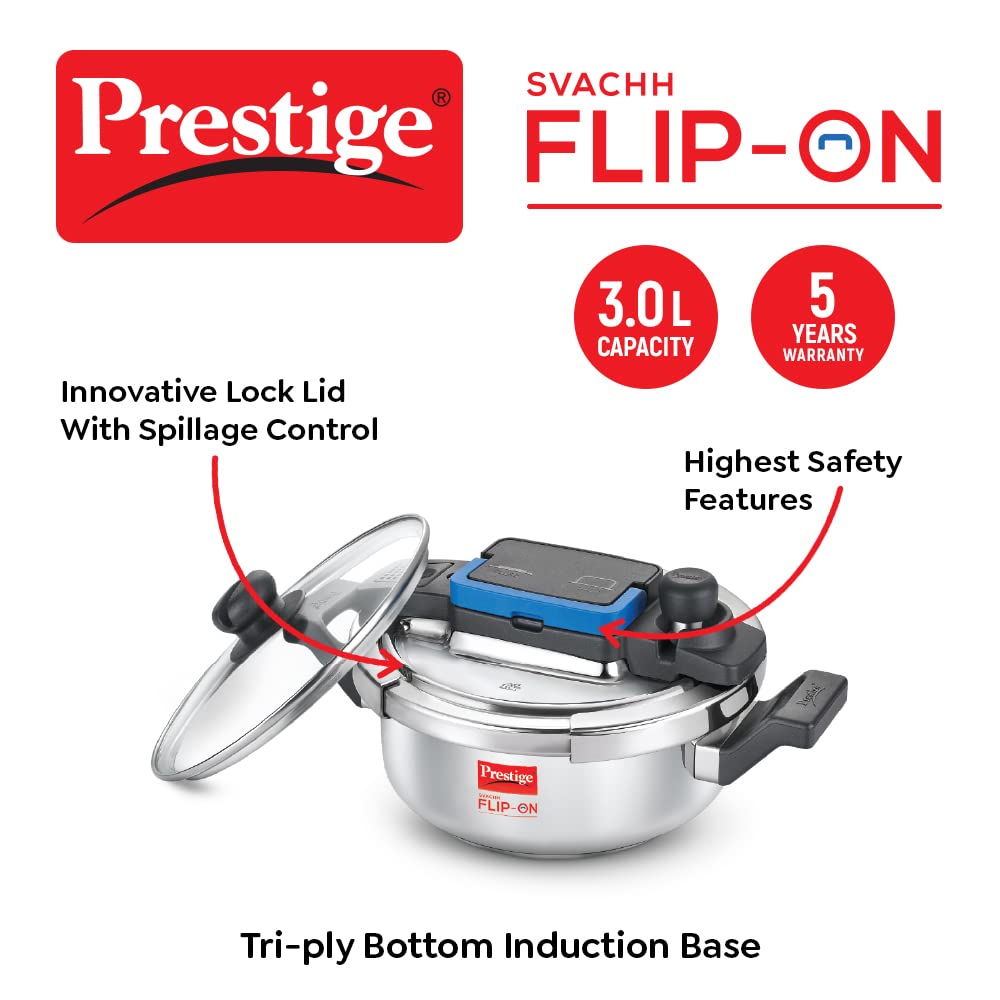 Prestige 3 Litres Svachh FLIP-ON Stainless Steel Pressure Cooker with glass lid | Innovative lock lid with spillage control | Gas & Induction compatible | 5 years warranty - 20156