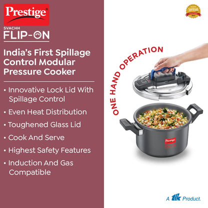 Prestige 5 Litres Svachh FLIP-ON Hard Anodised Pressure Cooker with glass lid | Innovative lock lid with spillage control | Gas & Induction compatible - 20161