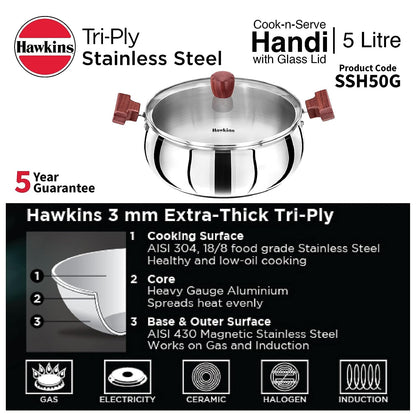 Hawkins Triply Stainless Steel Induction Base Cook n Serve Handi With Glass Lid 5 Litres | 26 cms - SSH 50G