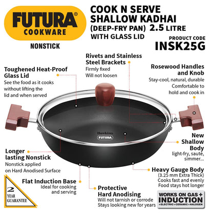 Hawkins Futura Non-stick Flat Bottom Shallow Kadhai, Fry Pan With Glass Lid 2.5 Litres | 26 cms, 3.25mm, Induction Base - INSK 25G