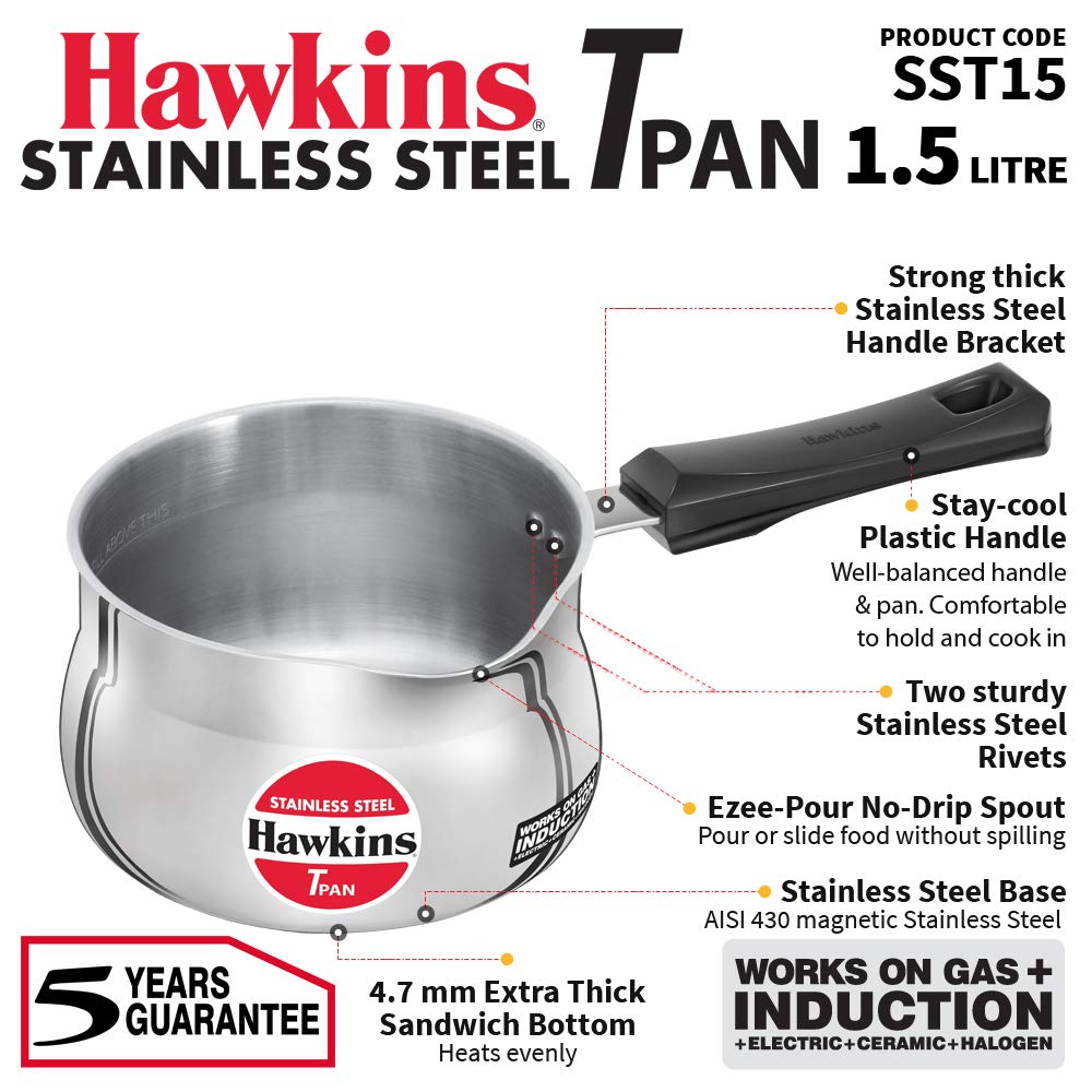 Hawkins 1.5 Litres Tpan, Stainless Steel Tea Pan, Induction Base Sauce Pan, Chai Pan, Small Pan - SST15