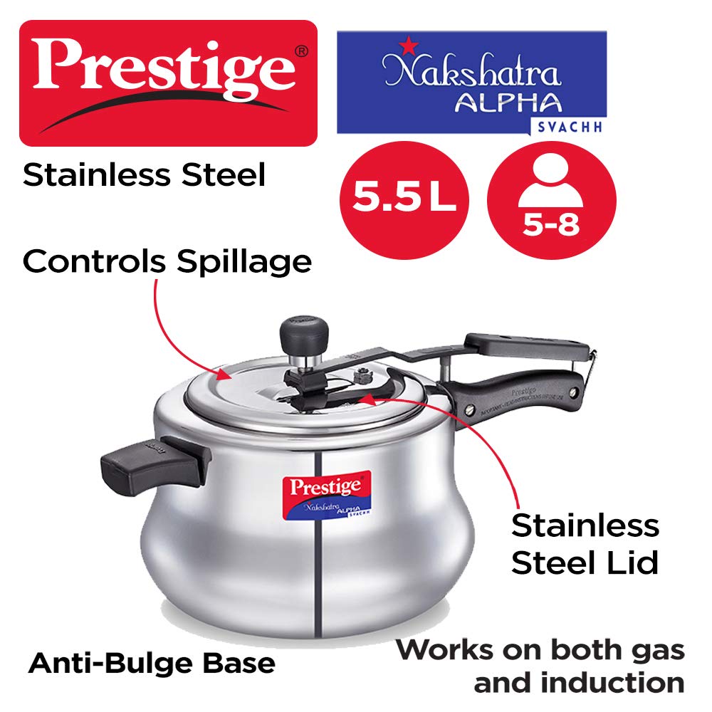 Prestige Nakshatra Alpha Svachh Handi Pressure Cooker, 5.5 Litres, with deep lid for Spillage Control (Inner Lid, Stainless Steel) - 20258