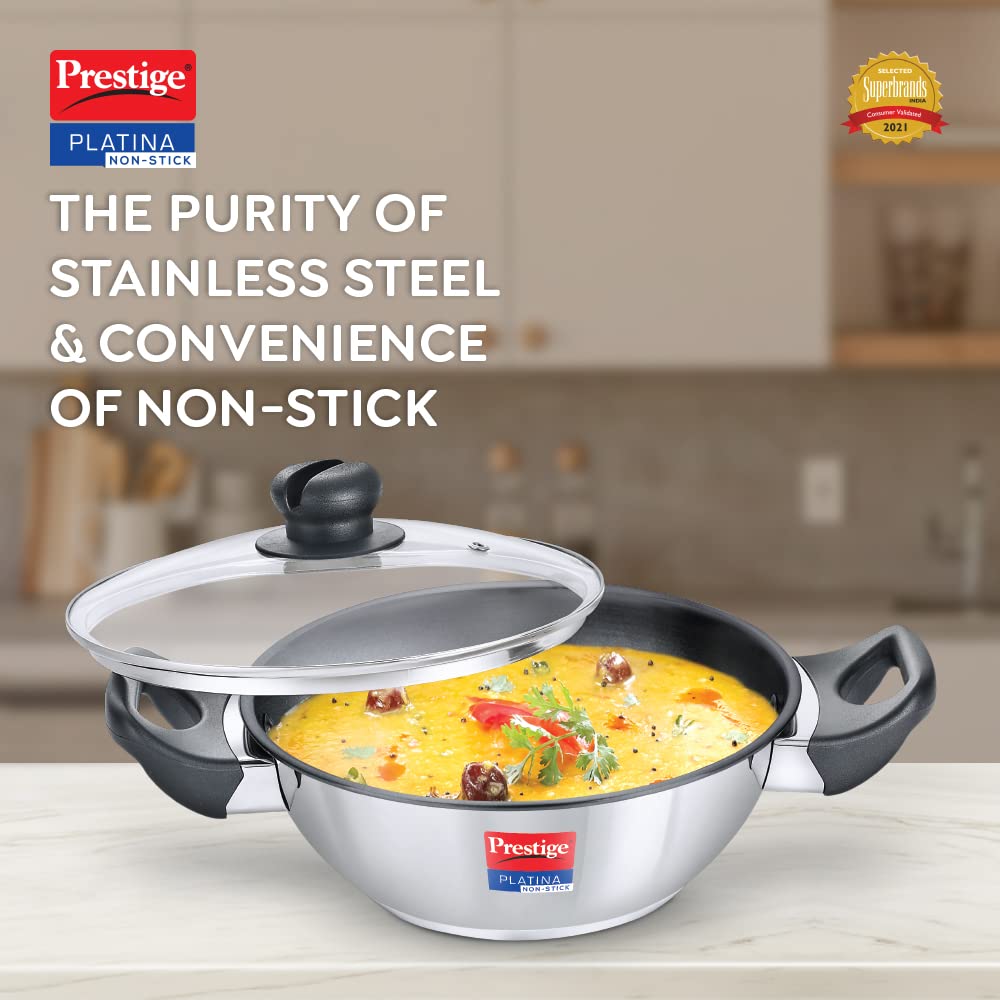 Prestige Platina Non-stick Stainless Steel Unique Impact Forged Bottom Kadai with Glass Lid 260mm - 36220