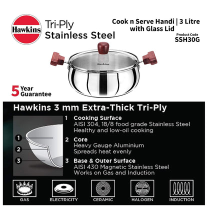 Hawkins Triply Stainless Steel Induction Base Cook n Serve Handi With Glass Lid 3 Litres | 22 cms - SSH 30G