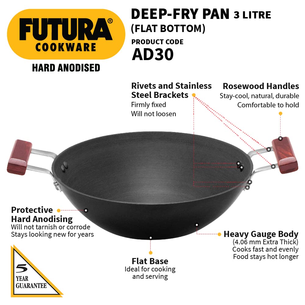 Hawkins Futura Hard Anodised Flat Bottom Deep Fry Pan 3 Litres | 28 cms, 4.06mm - AD 30