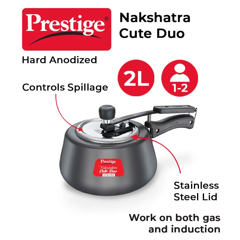 Prestige Nakshatra Cute DUO Svachh Hard Anodised Inner Lid Pressure Cooker, 2.0 Litres, Black - 20259