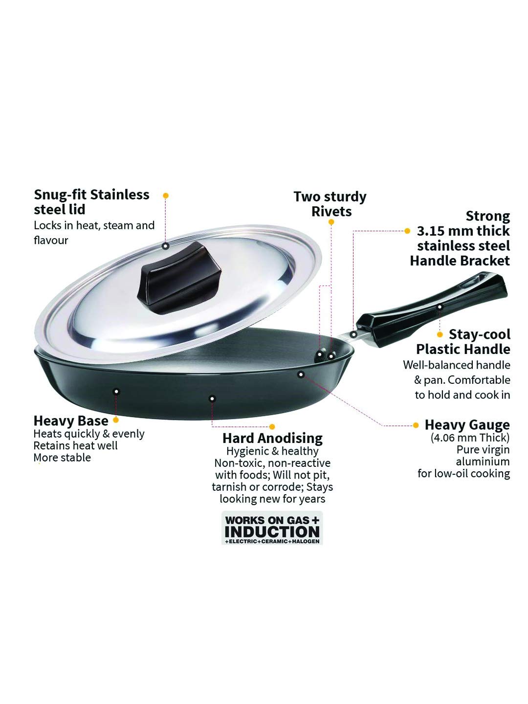 Hawkins Futura Hard Anodised Fry Pan With Stainless Steel Lid 22 cms | 4.06mm, Induction Base - IAF 22S