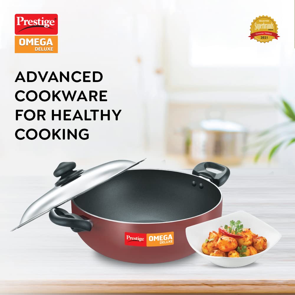 Prestige Omega Deluxe Induction Base Non-Stick Aluminium Kadhai With Stainless Lid Red 280mm - 37459