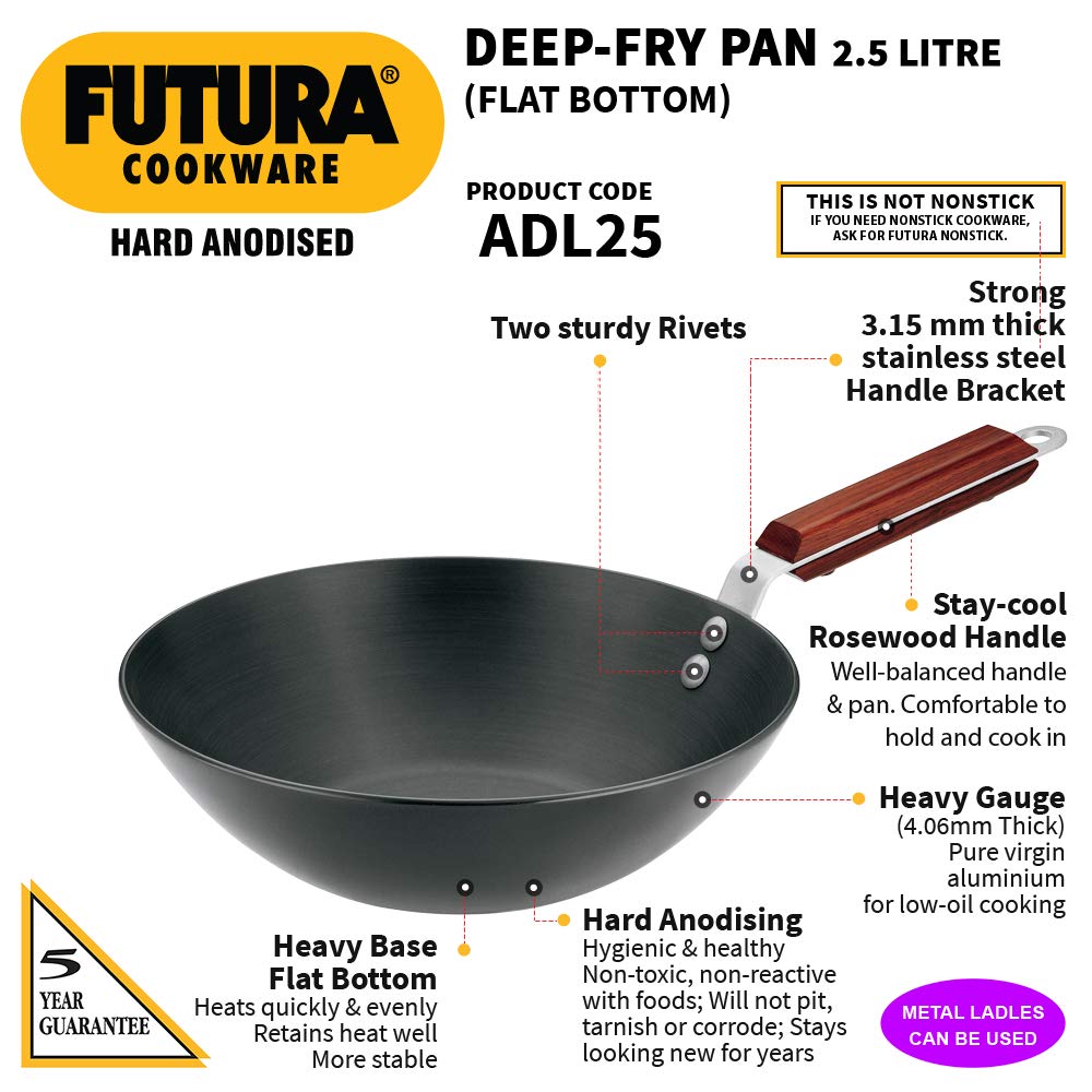 Hawkins Futura Hard Anodised Flat Bottom Long Handle Deep Fry Pan 2.5 Litres | 26 cms, 4.06mm - ADL 25