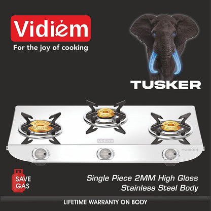 Vidiem Tusker Stainless Steel 3 Burner Glass Top Gas Stove | Manual Ignition