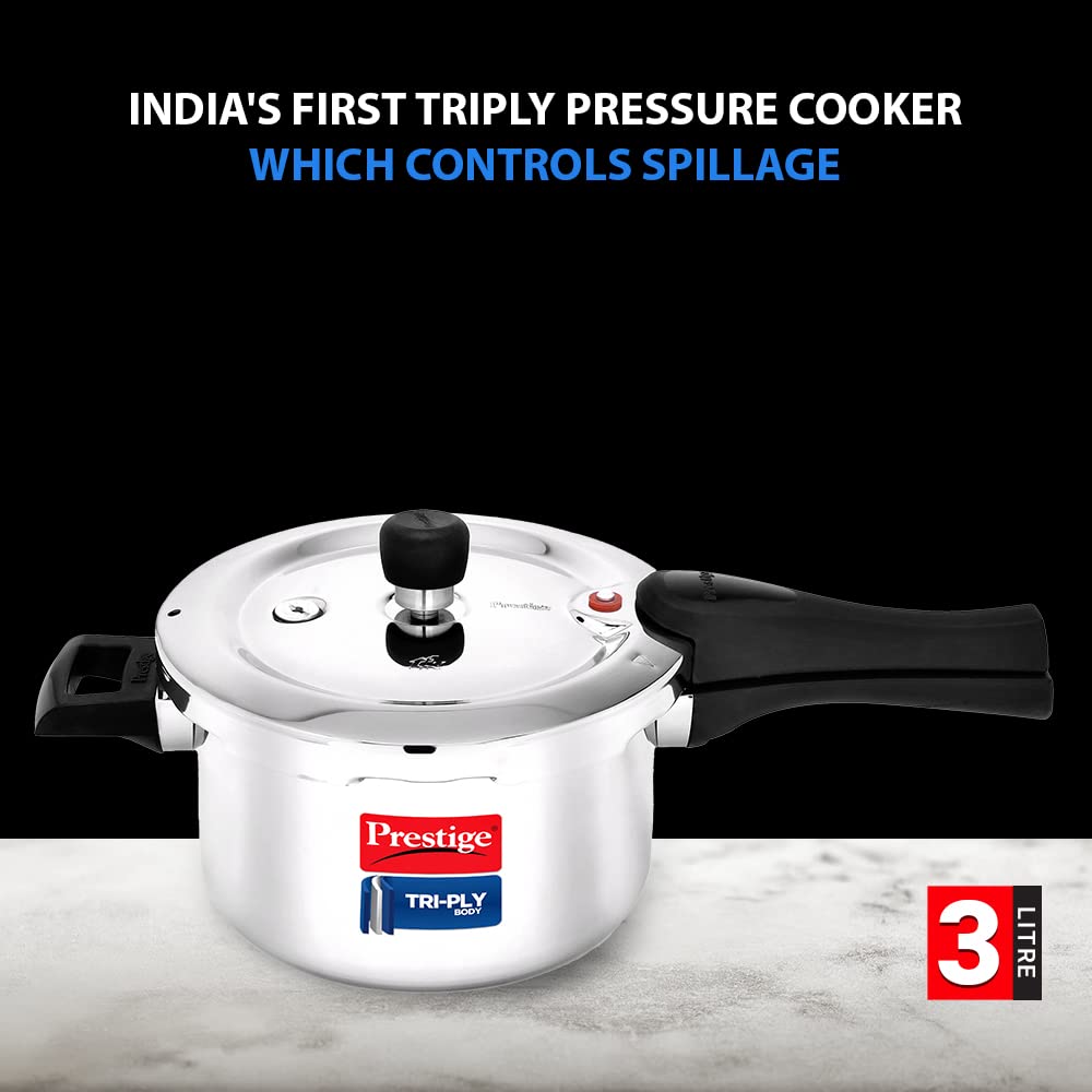 Prestige Svachh Triply Outer Lid Pressure Cooker with Unique Deep Lid for Spillage Control 3 Litres, 304 Stainless Steel Inner Surface, Thick Gauge Aluminium - 20702