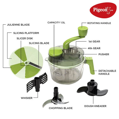 Pigeon Tornado Turbo Manual Chopper 1.5 Litres Used for Chopping, Atta Kneader, Slicing, Shredding and Whipping, Green - 14691