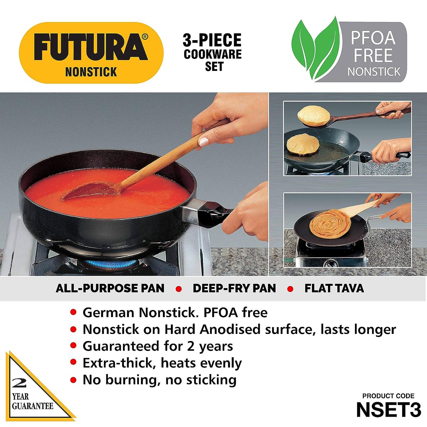 Hawkins Futura 3 Pieces Non Stick Cookware Set No. 3 - 26cm Flat Tava, 2.5 Litres All Purpose Pan and 2 Litres Stir Fry Pan with One Stainless Steel Lid - NSET3