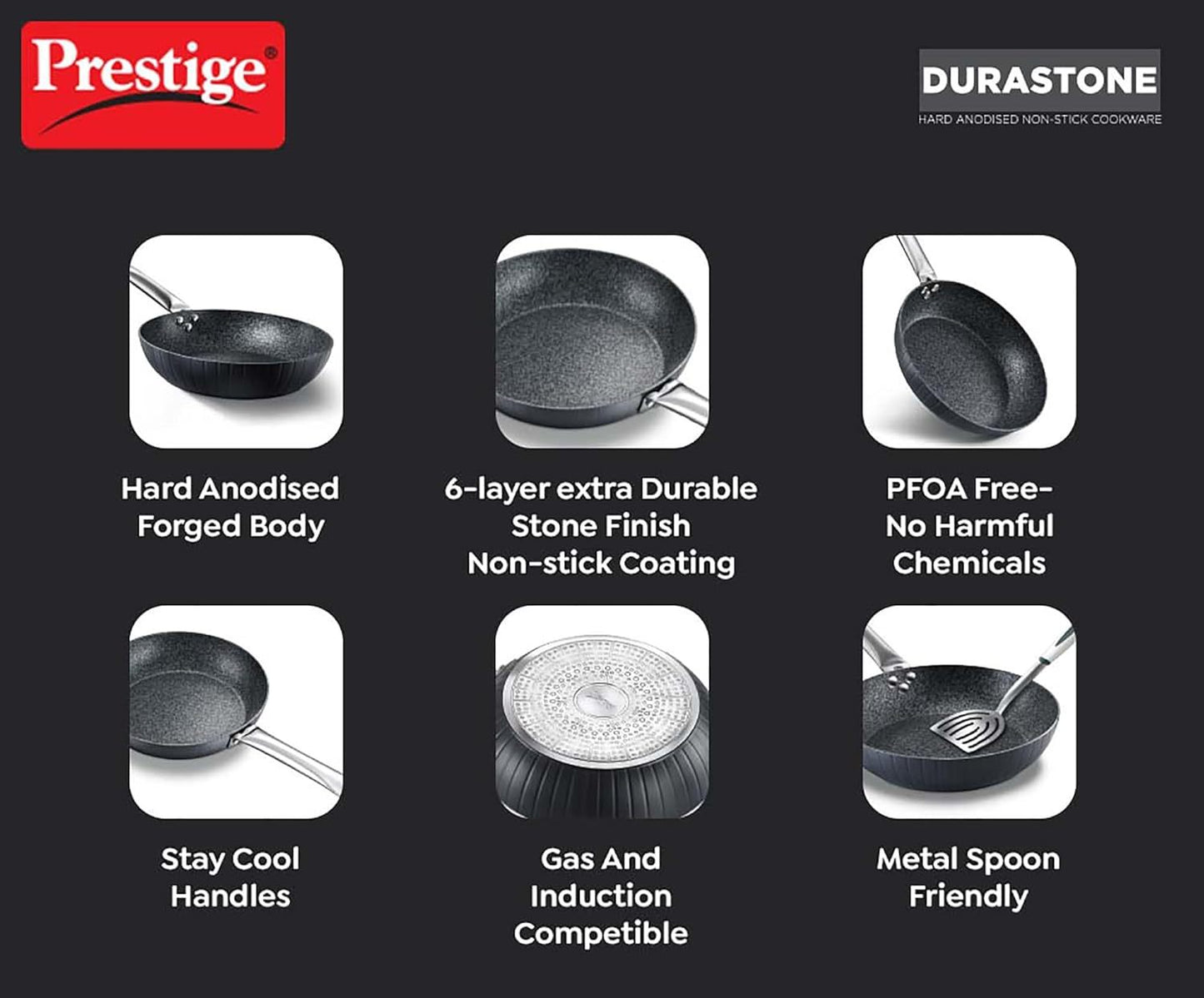 Prestige Durastone Hard Anodised Non-Stick Fry Pan with 6 Layers Extra Durable Stone Finish Coating | Induction Compatible | Stay Cool Handles