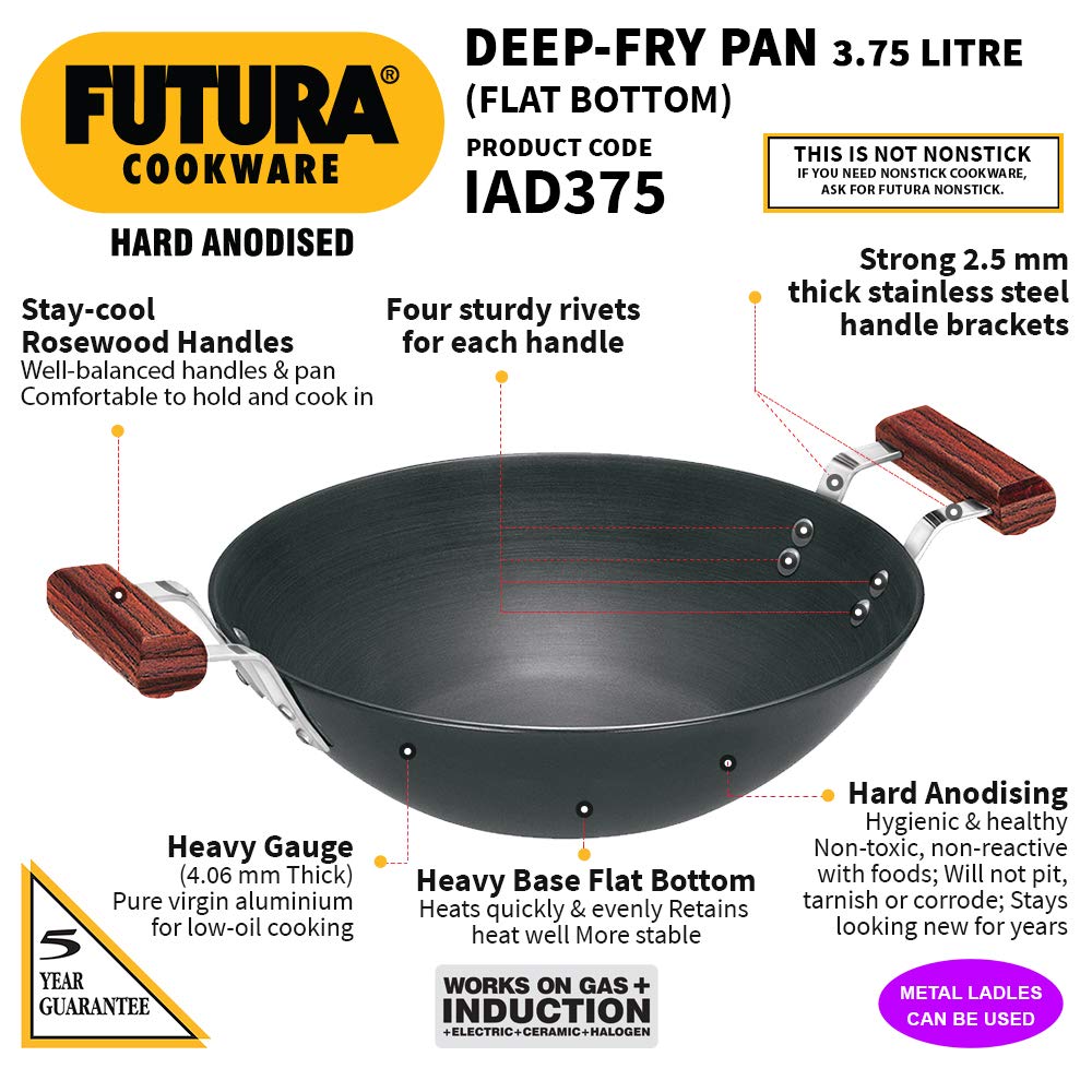 Hawkins Futura Hard Anodised Flat Bottom Induction Compatible Deep Fry Pan 3.75 Litres | 30 cms, 4.06mm - IAD 375