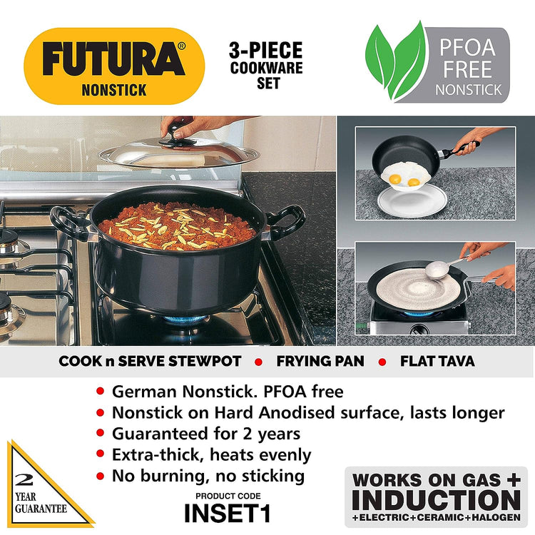Hawkins Futura 3 Pieces Induction Compatible Nonstick Cookware Set 1 - 26cm Frying Pan, 26cm Flat Tava and 3 Litre Cook-n-Serve Stewpot with One Stainless Steel Lid - INSET1