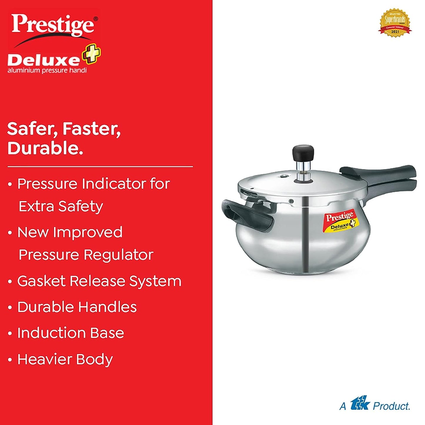 Prestige Deluxe Plus Induction Base Aluminium Outer Lid Pressure Handi, 3 Litres - 10793
