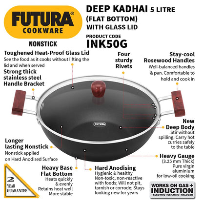 Hawkins Futura Non-stick Flat Bottom Deep Kadhai, Fry Pan With Glass Lid 5 Litres | 30 cms, 3.25mm, Induction Base - INK 50G