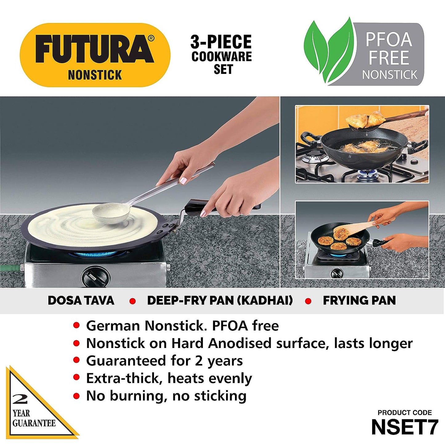 Hawkins Futura 3 Pieces Non Stick Cookware Set No.7 - 33cm Dosa Tava, 18cm Frying Pan, 2.5 Litres Kadhai and Two Stainless Steel Lids - NSET7