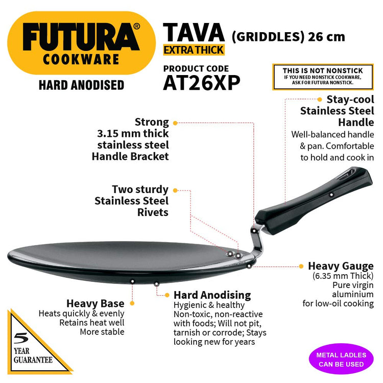 Hawkins Futura Hard Anodised Extra Thick Tava With Plastic Handle 26 cm, 6.35 mm - AT 26XP