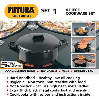 Hawkins Futura 4 Pieces Hard Anodised Cookware Set 1 - 26cm Tava, 22cm Frying Pan, 2.5 Litres Deep Fry Pan and 3 Litres Cook-n-Serve Bowl and One Hard Anodised Lid -ASET1