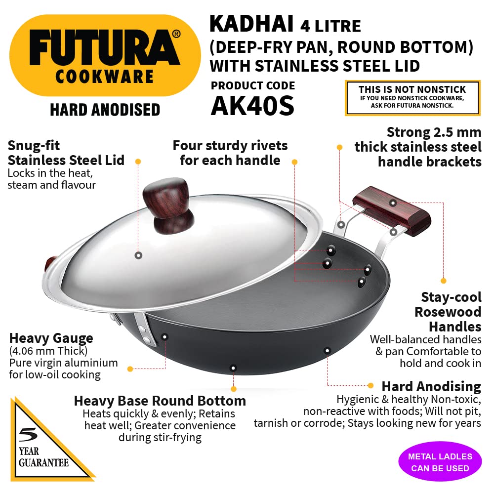 Hawkins Futura Hard Anodised Round Bottom Deep Fry Pan With Stainless Steel Lid 4 Litres | 30 cms, 4.06mm - AK 40S