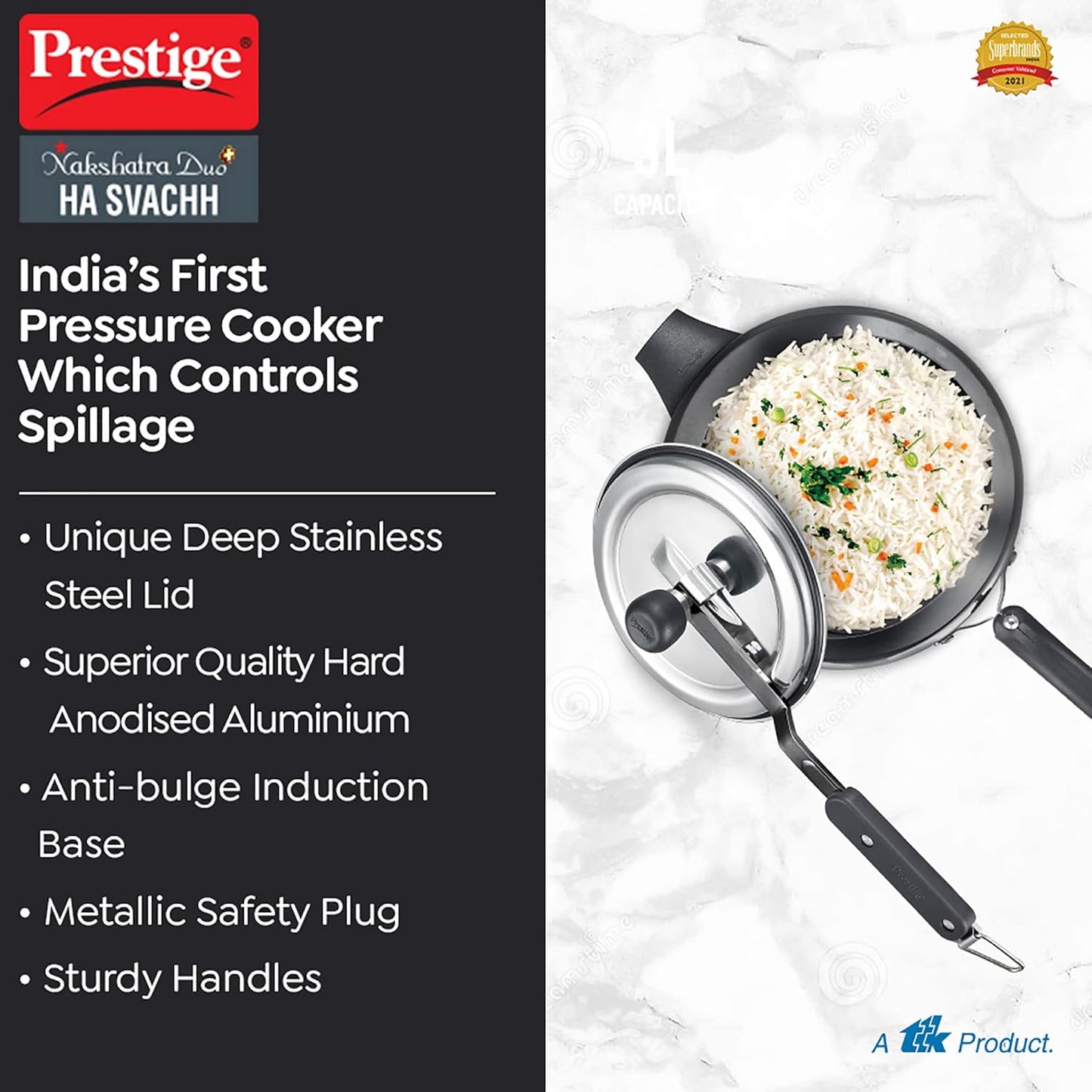 Prestige 5 Litres Nakshatra Duo Plus Svachh Hard Anodised Pressure Cooker (Aluminium) | Gas & Induction Compatible - 20534