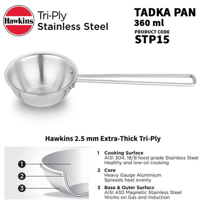 Hawkins Triply Stainless Steel Induction Base Tadka Pan 1.5 Cup || 360 ml - STP15