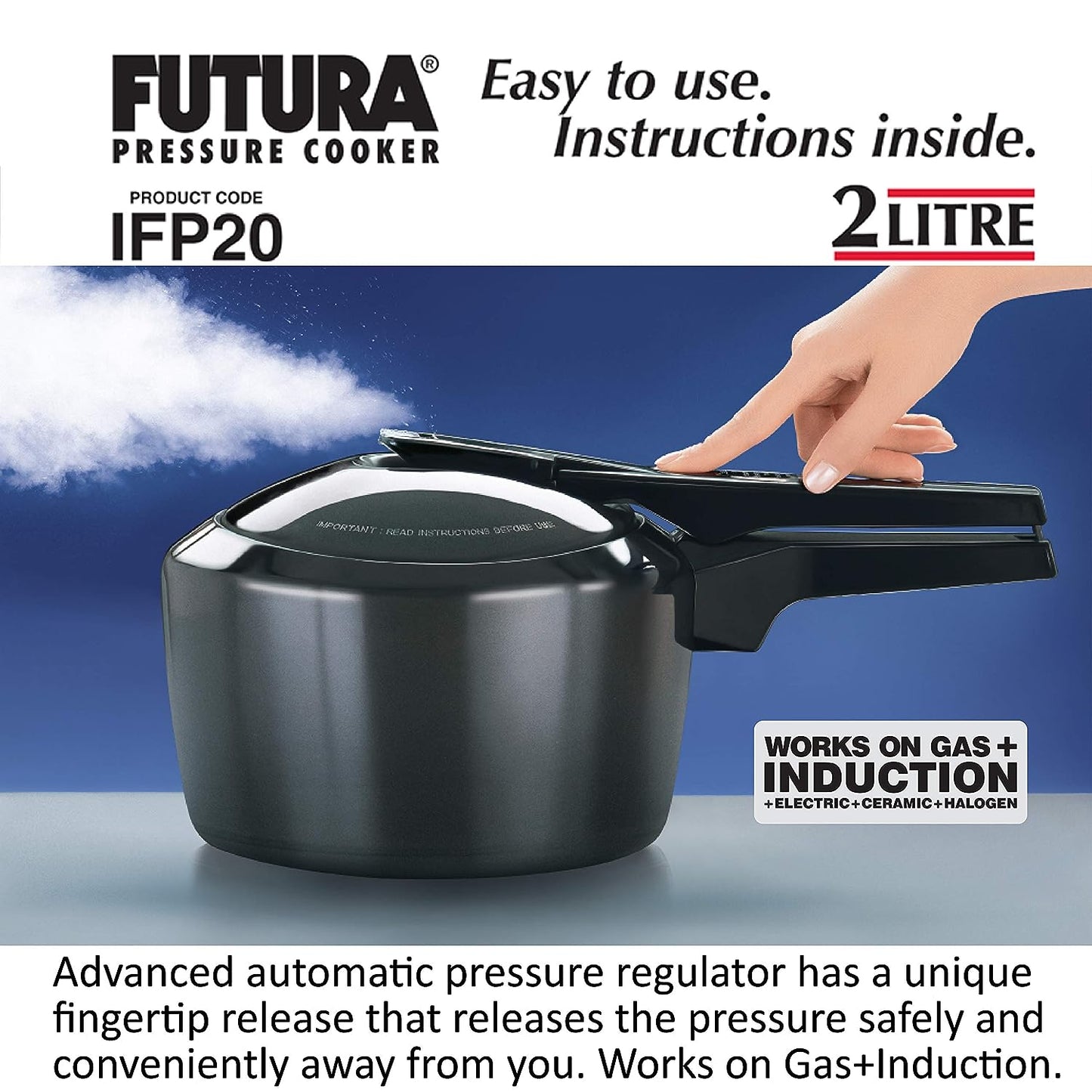 Hawkins Futura Hard Anodised Induction Base Aluminium Inner Lid Pressure Cooker 2 Litres , Black - IFP20
